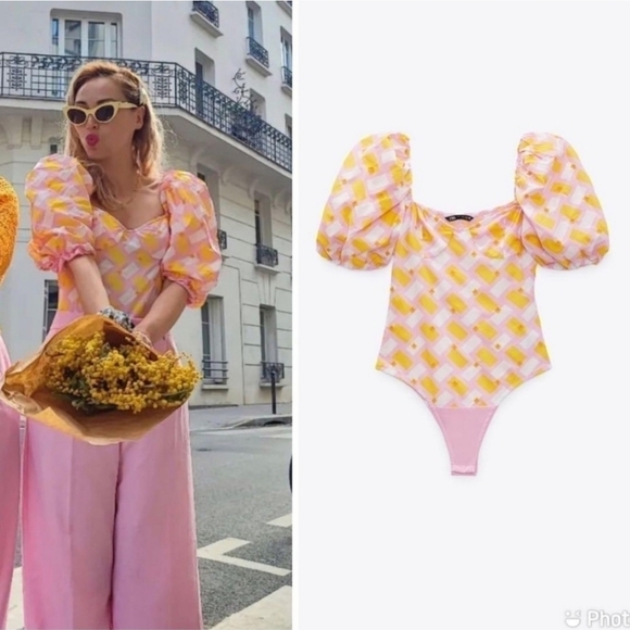 New Zara Poplin Floral Embroidery Barbie Pink Geo Print Bodysuit/Top NWT Small - Picture 1 of 17